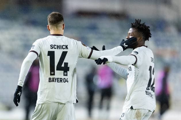 231130 Patrik Schick of Bayer Leverkusen celebrates 0 2 with team mate Edmond Tapsoba during the UEFA Europa League football match between BK Häcken and Bayer Leverkusen on November 30, 2023 in Gothenburg Photo Michael Erichsen BILDBYRAN COP 89 MI0578 bayer leverkusen bbeng bk häcken football fotball fotboll fotboll soccer uefa europa league jubel  Copyright: MICHAELxERICHSEN BB231130MI087