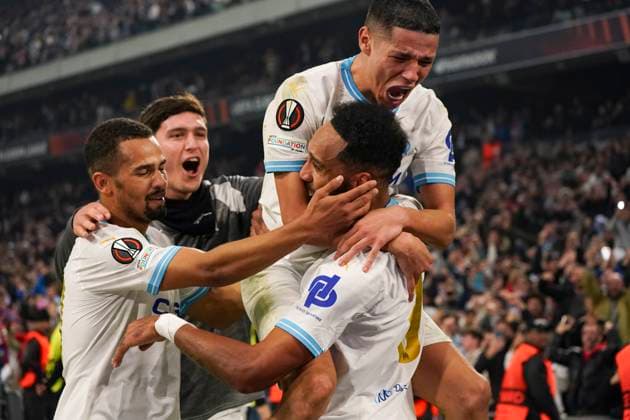 Sport Bilder des Tages Joie - Pierre Emerick Aubameyang (Olympique de Marseille) - Amine Harit (Olympique de Marseille) - Renan Lodi (Olympique de Marseille) FOOTBALL : Olympique de Marseille vs Ajax d™Amsterdam - Europa League - Phase de groupe - Marseille - 30 11 2023 NorbertScanella Panoramic 