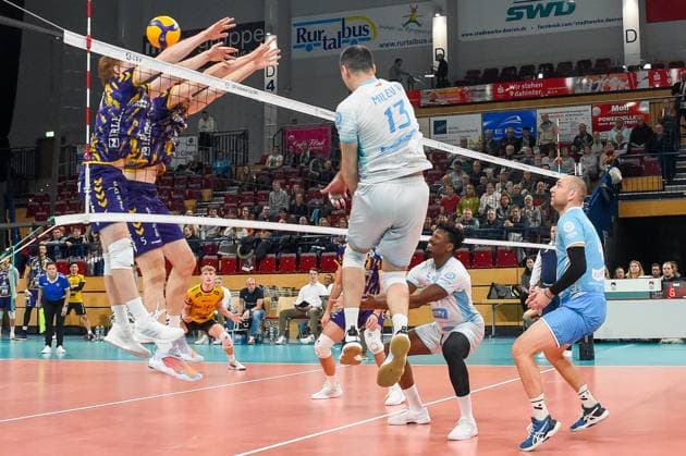 Vlado Milev OK Strumica, 13 center, with a smash ball, action, action, game scene, 30 11 2023, Düren Germany , Volleyball, CEV Cup, SWD Powervolleys Düren OK Strumica xmhx