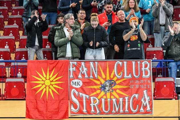 Fans of the OK Strumica team, fans, audience, spectators, mood, atmosphere, stadium, 30 11 2023, Düren Germany, volleyball, CEV Cup, SWD Powervolleys Düren OK Strumica xmhx