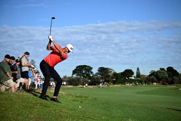 GOLF AUSTRALIAN OPEN, Adrian Meronk of Poland plays a shot from the rough on the 11th hole during Round 2 of the Australian Open 2023 at the Lakes Golf Club in Sydney, Friday, December 1, 2023. ( NO ARCHIVING, EDITORIAL USE ONLY, NO USE IN BOOKS WITHOUT CONSENT SYDNEY NEW SOUTH WALES AUSTRALIA  Copyright: xDANxHIMBRECHTSx 20231201001872158974