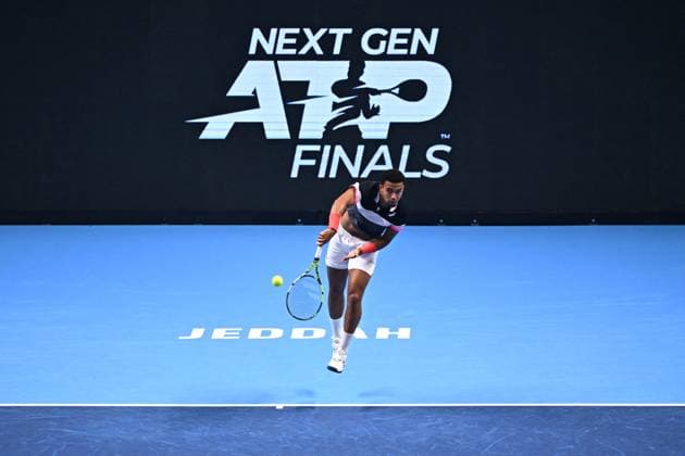 Tennis, Next Gen ATP Finals in Dschidda NextGen ATP, Tennis Herren Finals - Jeddah Arthur Fils (FRA) during his thirdround match at the 2023 NextGen ATP Finals in Jeddah, Saudi Arabia, on November 30, 2023. Photo by Corinne Dubreuil ABACAPRESS.COM Jeddah Saudi Arabia  Copyright: xDubreuilxCorinne ABACAx