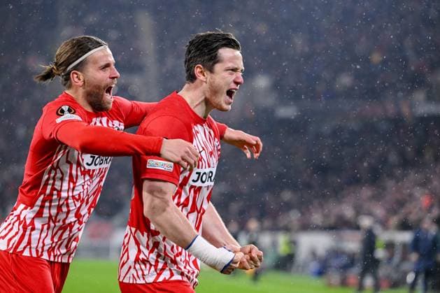 30 11 2023, Freiburg, Germany, Stadion am Wolfswinkel, SC Freiburg vs Olympiakos Piraeus UEFA Europa League 2023 24 Group A, Michael Gregoritsch SC Freiburg goal celebration, cheers after his goal for 1 0 Photo H Langer Freiburg Stadion am Wolfswinkel Germany  541_SCFOLY20231130_150 Langer-541