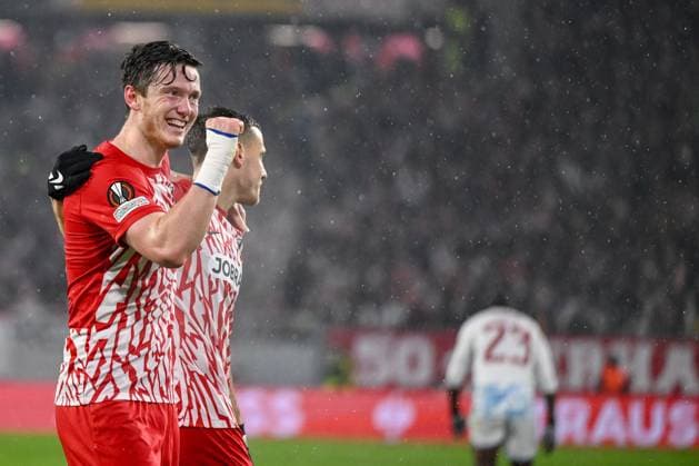 30 11 2023, Freiburg, Germany, Stadion am Wolfswinkel, SC Freiburg vs Olympiakos Piraeus UEFA Europa League 2023 24 Group A, Michael Gregoritsch SC Freiburg goal celebration, cheers after his goal for 3 0 Photo H Langer Freiburg Stadion am Wolfswinkel Germany  541_SCFOLY20231130_159 Langer-541