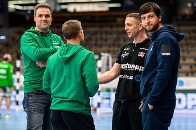 Goeppingen,30 November 2023 HBL 23 24 Frisch Auf Goeppingen HBW Balingen from left coach Markus Baur Goeppingen , co-coach Stefan Klaus, coach Jens Buerkle HBW Balingen , co-coach Tobias Hotz HBW Balingen Goeppingen EWS Arena Baden Württemberg Germany