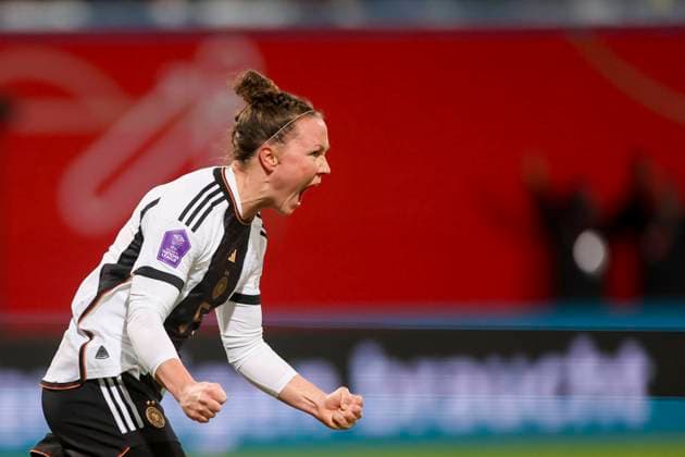 Germany, Rostock, 01 12 2023, Ostseestadion, Germany vs Denmark UEFA Womens Nations League Group A3, Marina Hegering Germany celebrates after scoring her teams second goal Rostock Ostseestadion Germany  eu-images-700