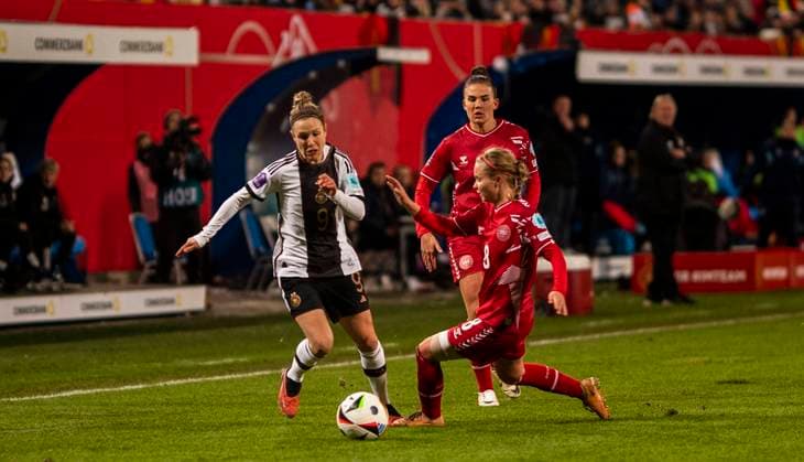 1 12 2023, GER, women, soccer, DFB, womens national team, international match, UEFA, Nations League, matchday 5, Germany Denmark Svenja Huth Germany, lI vs Janni Thomsen Denmark, re Rostock Ostseestadion Mecklenburg-Vorpommern Germany
