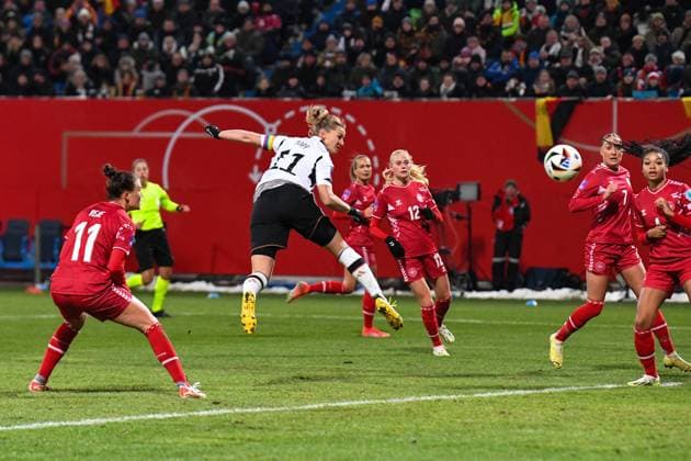 Soccer I Women I 2023 2024 season I International match I Germany Denmark I 01 12 2023 Alexandra Popp 11, Germany, captain scores 1 0 to put Germany ahead Rostock Ostseestadion, Kopernikusstraße 17 Mecklenburg-Vorpommern Germany Copyright: xLobeca InesxHähnelx