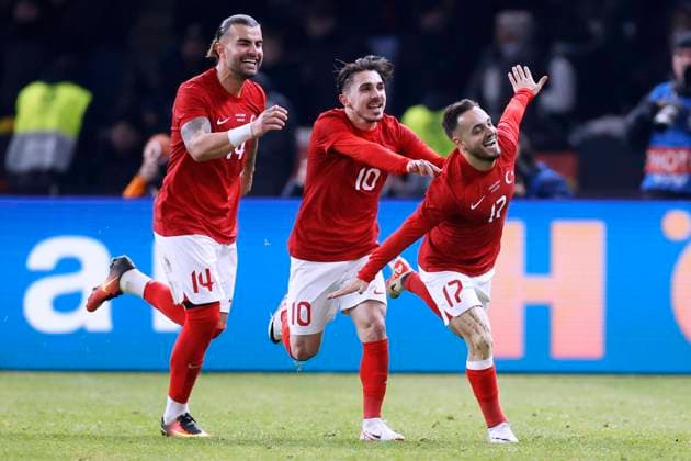 SARI Yusuf Team Turkey cheers after his 11m goal with BARDAKCI Abduelkerim and OEMUER Abduelkadir DFB Freundschaftsspiel Deutschland Tuerkei 2 3 am 18 11 2023 in Berlin DFL REGULATIONS PROHIBIT ANY USE OF PHOTOGRAPHS as IMAGE SEQUENCES and or QUASI VIDEO Copyright: xLacixPerenyix