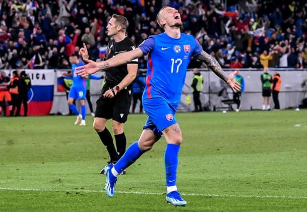 HARASLIN Lukas Team Slovakia cheers after his goal UEFA Football EURO2024 Qualification on 16 11 2023 in Bratislava DFL REGULATIONS PROHIBIT ANY USE OF PHOTOGRAPHS as IMAGE SEQUENCES and or QUASI VIDEO Copyright: xLacixPerenyix