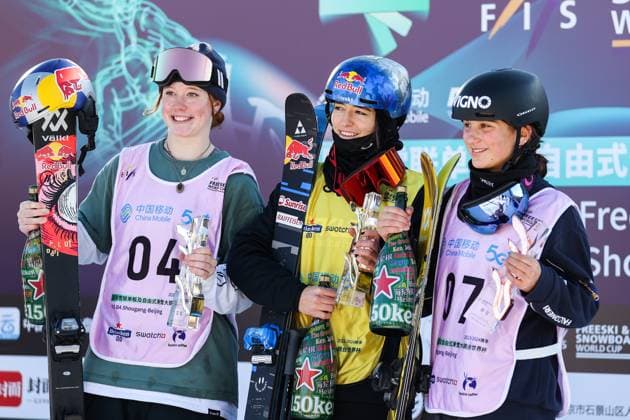 BEIJING, CHINA - DECEMBER 02: (L - R) Second place winner Kirsty Muir of Great Britain, first place winner Mathilde Gremaud of Switzerland and third place winner Flora Tabanelli of Italy celebrate on the podium after the Women s Freeski Big Air Final at the Big Air Shougang on December 2, 2023 in Beijing, China.  Copyright: xVCGx 111467425881