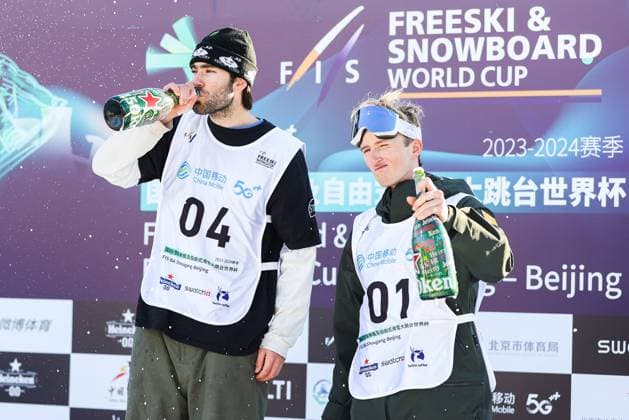 BEIJING, CHINA - DECEMBER 02: (L - R) First place winner Alexander Hall of United States and third place winner Andri Ragettli of Switzerland celebrate on the podium after the Men s Freeski Big Air Final at the Big Air Shougang on December 2, 2023 in Beijing, China.  Copyright: xVCGx 111467425938