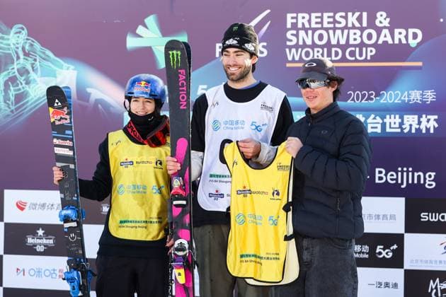 BEIJING, CHINA - DECEMBER 02: First place winner Alexander Hall (C) of United States and Mathilde Gremaud (L) of Switzerland celebrate on the podium after the Men s Freeski Big Air Final at the Big Air Shougang on December 2, 2023 in Beijing, China.  Copyright: xVCGx 111467425949