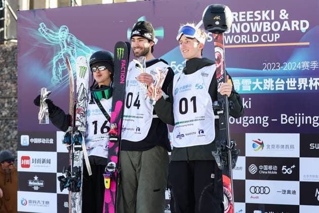 BEIJING, CHINA - DECEMBER 02: (L - R) Second place winner Edouard Therriault of Canada, first place winner Alexander Hall of United States and third place winner Andri Ragettli of Switzerland celebrate on the podium after the Men s Freeski Big Air Final at the Big Air Shougang on December 2, 2023 in Beijing, China.  Copyright: xVCGx 111467425913