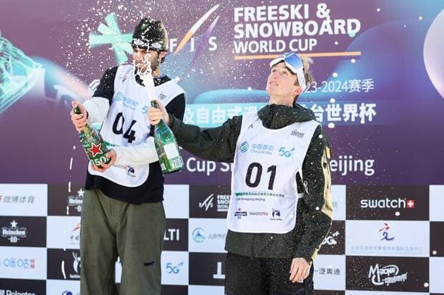 BEIJING, CHINA - DECEMBER 02: (L - R) First place winner Alexander Hall of United States and third place winner Andri Ragettli of Switzerland celebrate on the podium after the Men s Freeski Big Air Final at the Big Air Shougang on December 2, 2023 in Beijing, China.  Copyright: xVCGx 111467425927