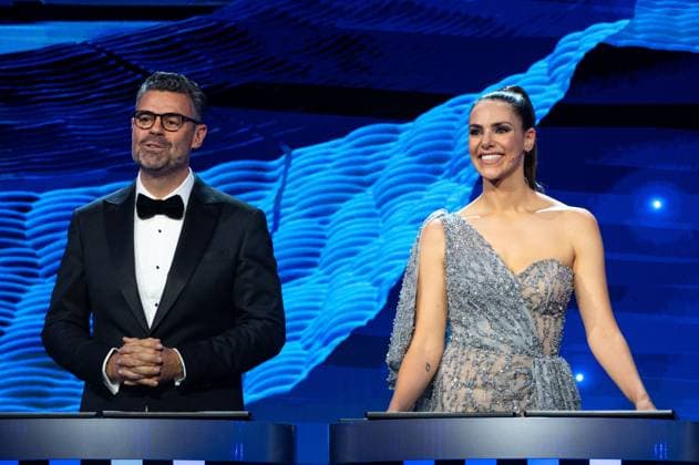 Pedro Pinto Portugal, UEFA Presenter , Esther Sedlaczek Germany, Presenter , GER, UEFA Euro 2024 Final Draw, Draw Elbphilharmonie Hamburg, 02 12 2023 GER, UEFA Euro 2024 Final Draw, Draw Elbphilharmonie Hamburg, 02 12 2023 Hamburg Copyright: xEibner-Pressefoto Memmlerx EP_MMR