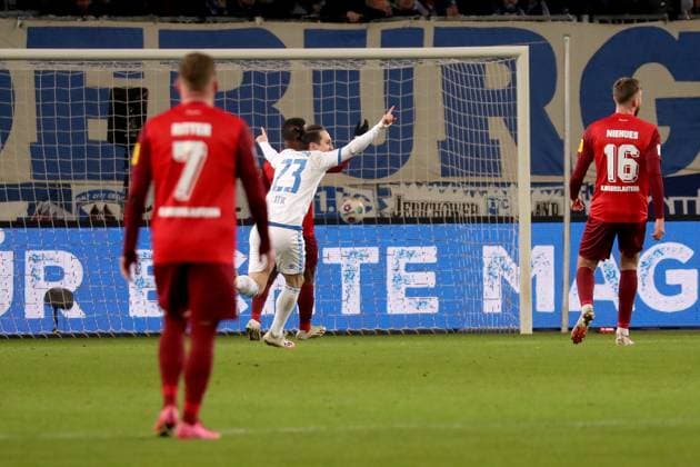 02 12 2023, xgox, Fussball 2 Bundesliga, 1 FC Magdeburg 1 FC Kaiserslautern emspor, v l Luc Castaignos 1 FC Magdeburg scores the goal 1 0 DFL DFB REGULATIONS PROHIBIT ANY USE OF PHOTOGRAPHS as IMAGE SEQUENCES and or QUASI VIDEO Magdeburg