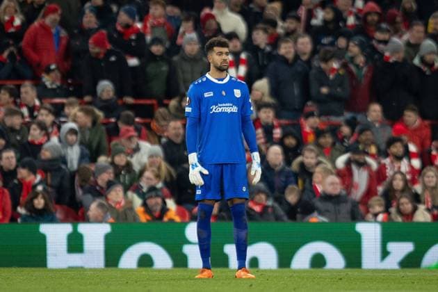 Liverpool v LASK Europa League 30 11 2023. LASK Linz goalkeeper Tobias Lawal (1) during the Europa League match between Liverpool and LASK at Anfield, Liverpool, England on 30 November 2023. Editorial use only , Copyright: xIanxStephenx PSI-18490-0097