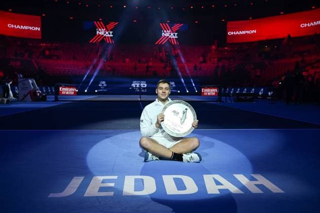 Medjedovic Wins Next Gen ATP, Tennis Herren Finals - Jeddah Hamad Medjedovic (SER) during the final at the 2023 Next Gen ATP Finals in Jeddah, SAUDI ARABIA, on December 2, 2023. Photo by Corinne Dubreuil ABACAPRESS.COM Jeddah Saudi Arabia  Copyright: xDubreuilxCorinne ABACAx