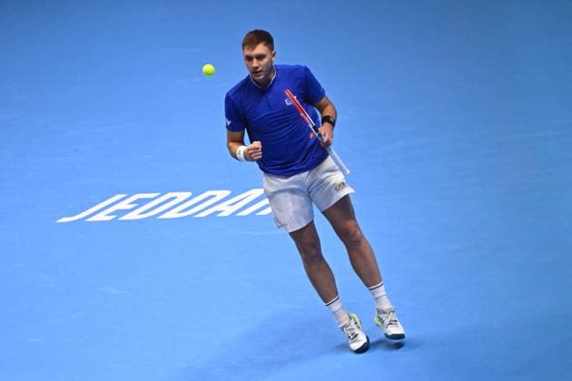 Medjedovic Wins Next Gen ATP, Tennis Herren Finals - Jeddah Hamad Medjedovic (SER) during the final at the 2023 Next Gen ATP Finals in Jeddah, SAUDI ARABIA, on December 2, 2023. Photo by Corinne Dubreuil ABACAPRESS.COM Jeddah Saudi Arabia  Copyright: xDubreuilxCorinne ABACAx
