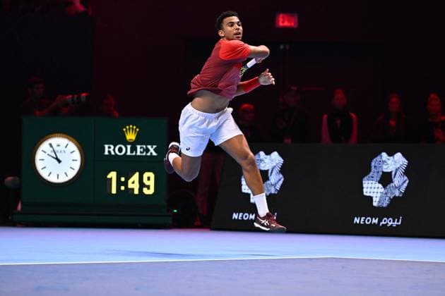Medjedovic Wins Next Gen ATP, Tennis Herren Finals - Jeddah Arthur Fils (FRA) during the final at the 2023 Next Gen ATP Finals in Jeddah, SAUDI ARABIA, on December 2, 2023. Photo by Corinne Dubreuil ABACAPRESS.COM Jeddah Saudi Arabia  Copyright: xDubreuilxCorinne ABACAx