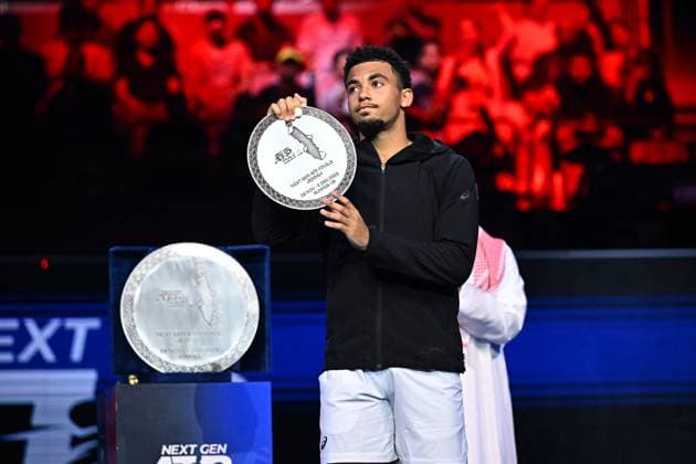 Medjedovic Wins Next Gen ATP, Tennis Herren Finals - Jeddah Arthur Fils (FRA) during the final at the 2023 Next Gen ATP Finals in Jeddah, SAUDI ARABIA, on December 2, 2023. Photo by Corinne Dubreuil ABACAPRESS.COM Jeddah Saudi Arabia  Copyright: xDubreuilxCorinne ABACAx