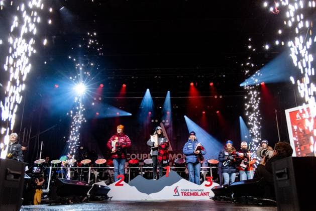 ALPINE SKIING - FIS WC Mont-Tremblant MONT-TREMBLANT,CANADA,02.DEC.23 - ALPINE SKIING - FIS World Cup, giant slalom, ladies, award ceremony. Image shows Petra Vlhova (SVK), Federica Brignone (ITA), Mikaela Shiffrin (USA), Sara Hector (SWE), Lara Gut-Behrami (SUI) and Marta Bassino (ITA). Keywords: trophy.  GEPAxpictures xMaticxKlansek