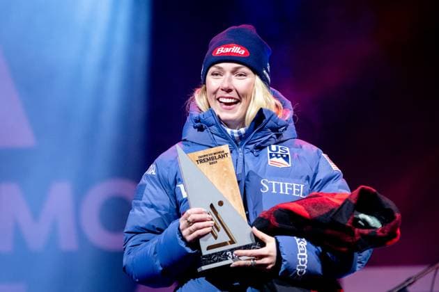 ALPINE SKIING - FIS WC Mont-Tremblant MONT-TREMBLANT,CANADA,02.DEC.23 - ALPINE SKIING - FIS World Cup, giant slalom, ladies, award ceremony. Image shows Mikaela Shiffrin (USA). Keywords: trophy.  GEPAxpictures xMaticxKlansek