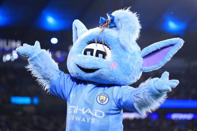 Football, Erling Haaland of Manchester City mascot Moonbeam displayed, archive pictures