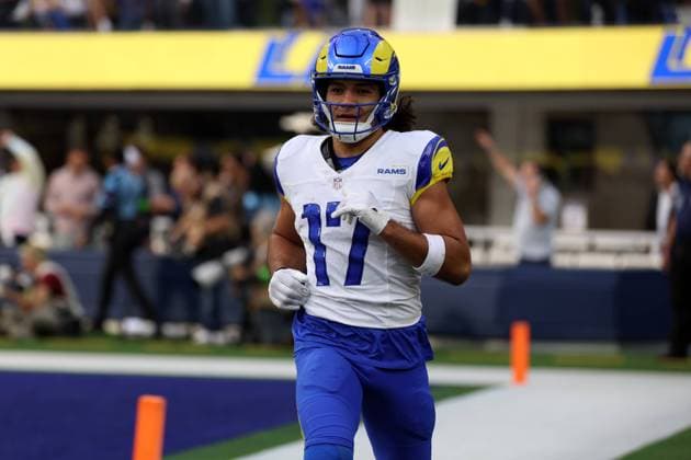 INGLEWOOD, CA - DECEMBER 03: Los Angeles Rams wide receiver Puka Nacua (17) reacts after scoring a touchdown during the first quarter of the NFL, American Football Herren, USA game between the Los Angeles Rams and the Cleveland Browns on December 3, 2023, at SoFi Stadium, Inglewood, California. (Photo by Kiyoshi Mio Icon Sportswire) NFL: DEC 03 Browns at Rams EDITORIAL USE ONLY Icon2312035708