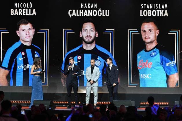 Milan, Gran gala del calcio - AIC awards ceremony In the photo: Nicolo Barella, Hakan Calhanoglu, Stanislav Lobotka  Copyright: xManuelexMangiarottix xipa-agencyx xMangiarotti Terenghix 0371730318st