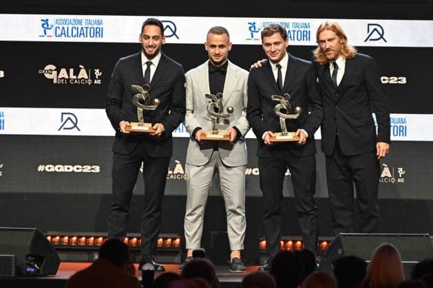 Milan, Gran gala del calcio - AIC awards ceremony In the photo: Nicolo Barella, Hakan Calhanoglu, Stanislav Lobotka  Copyright: xManuelexMangiarottix xipa-agencyx xMangiarotti Terenghix 0371730327st