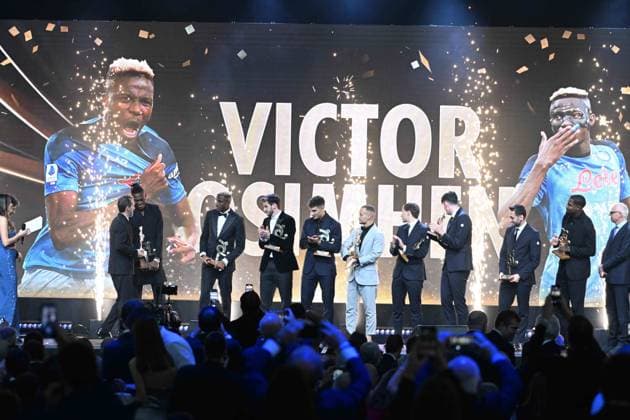 Milan, Gran gala del calcio - AIC awards ceremony In the photo: Rafael Leao, Victor Osimhen, Khvicha Kvaraskhelia, Alessandro Bastoni, Giovanni Di Lorenzo, Stanislav Lobotka, Hakan Calhanoglu, Nicolo Barella, Maika Maignan  Copyright: xManuelexMangiarottix xipa-agencyx xMangiarotti Terenghix 0371730541st