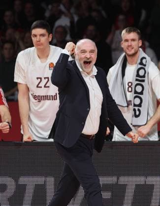 Joy Bayern Coach Pablo LASO Basketball, Munich Milan Basketball Euroleague, FC Bayern Basketball EA7 Emporio Armani Milan, Season 2023 2024 5 12 2023, in Munich, B M W P A R K, Germany Source Copyright Credit Oryk HAIST xBASKETBALL-BAYERN-MAILANDx