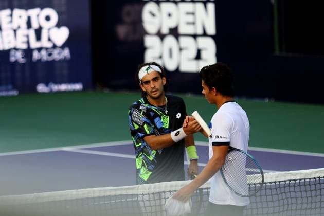 December 5, 2023, Puerto Cabello, Carabobo, Venezuela: December 05, 2023. Juan Bautista Torres (L) From Argentina, and Ignacio Parisca (R) from Venezuela, finishing the match in the Dracula Open international tennis tournament in the city of Puerto Cabello, Venezuela. Photo: Puerto Cabello Venezuela - ZUMAhe3_ 0372147733st Copyright: xJuanxCarlosxHernandezx