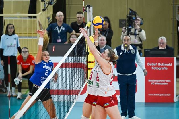 06 12 2023, Volleyball, Women, CEV Volleyball Challenge Cup, Round of 16 2023 2024 VC Wiesbaden Germany Galatasaray Daikin Istanbul Turkey Outside attacker Jaidyn Blanchfield 2 Wiesbaden lifts the ball over the opponents block Wiesbaden Sporthalle am Platz der Deutschen Hessen Germany