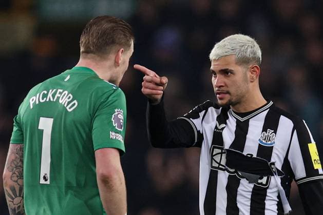 Jordan Pickford of Everton and Bruno Guimaraes of Newcastle United confront each other at the end of the match Everton v Newcastle United, Premier League, Football, Goodison Park, Liverpool, UK - 07 Dec 2023 EDITORIAL USE ONLY No use with unauthorised audio, video, data, fixture lists, club league logos or live services. Online in-match use limited to 120 images, no video emulation. No use in betting, games or single club league player publications.  Copyright: xPaulxCurrie Shutterstockx 14243862fi