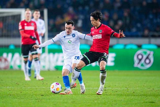 08 12 2023 Soccer, 2023 2024, 2 Bundesliga, 16 Matchday, Hannover 96 Karlsruher SC L R Paul Nebel Karlsruhe , Sei Muroya Hannover DFL REGULATIONS PROHIBIT ANY USE OF PHOTOGRAPHS AS IMAGE SEQUENCES AND OR QUASI VIDEO Hannover Lower Saxony Germany Heinz von Heiden Arena