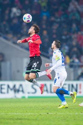 08 12 2023 Soccer, 2023 2024, 2 Bundesliga, Matchday 16, Hannover 96 Karlsruher SC L R Kolja Oudenne Hannover , Jerome Gondorf Karlsruhe DFL REGULATIONS PROHIBIT ANY USE OF PHOTOGRAPHS AS IMAGE SEQUENCES AND OR QUASI VIDEO Hannover Lower Saxony Germany Heinz von Heiden Arena