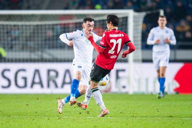 08 12 2023 Soccer, 2023 2024, 2 Bundesliga, 16 Matchday, Hannover 96 Karlsruher SC L R Paul Nebel Karlsruhe , Sei Muroya Hannover DFL REGULATIONS PROHIBIT ANY USE OF PHOTOGRAPHS AS IMAGE SEQUENCES AND OR QUASI VIDEO Hannover Lower Saxony Germany Heinz von Heiden Arena
