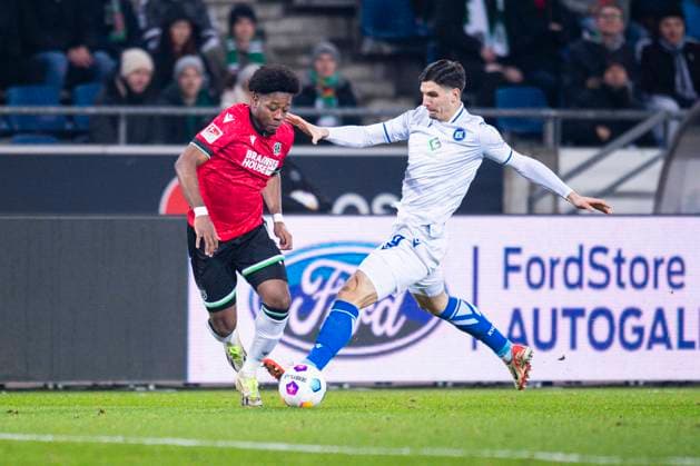 08 12 2023 Soccer, 2023 2024, 2 Bundesliga, Matchday 16, Hannover 96 Karlsruher SC L R Bright Arrey Mbi Hannover , Igor Matanovic Karlsruhe DFL REGULATIONS PROHIBIT ANY USE OF PHOTOGRAPHS AS IMAGE SEQUENCES AND OR QUASI VIDEO Hannover Lower Saxony Germany Heinz von Heiden Arena