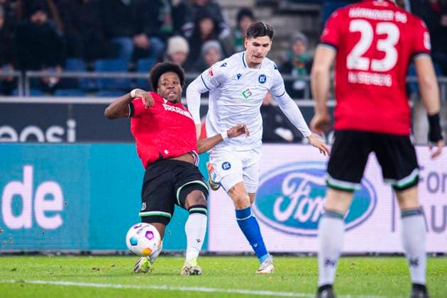 08 12 2023 Soccer, 2023 2024, 2 Bundesliga, Matchday 16, Hannover 96 Karlsruher SC L R Bright Arrey Mbi Hannover , Igor Matanovic Karlsruhe DFL REGULATIONS PROHIBIT ANY USE OF PHOTOGRAPHS AS IMAGE SEQUENCES AND OR QUASI VIDEO Hannover Lower Saxony Germany Heinz von Heiden Arena