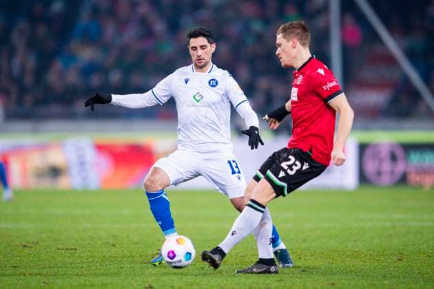 08 12 2023 Soccer, 2023 2024, 2 Bundesliga, Matchday 16, Hannover 96 Karlsruher SC L R Lars Stindl Karlsruhe , Marcel Halstenberg Hannover DFL REGULATIONS PROHIBIT ANY USE OF PHOTOGRAPHS AS IMAGE SEQUENCES AND OR QUASI VIDEO Hannover Lower Saxony Germany Heinz von Heiden Arena