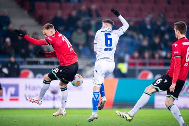 08 12 2023 Soccer, 2023 2024, 2 Bundesliga, Matchday 16, Hannover 96 Karlsruher SC L R Havard Nielsen Hannover , Leon Jensen Karlsruhe DFL REGULATIONS PROHIBIT ANY USE OF PHOTOGRAPHS AS IMAGE SEQUENCES AND OR QUASI VIDEO Hannover Lower Saxony Germany Heinz von Heiden Arena