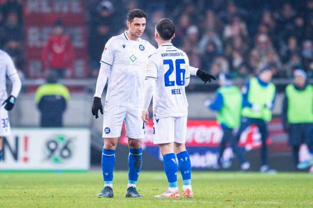 08 12 2023 Soccer, 2023 2024, 2 Bundesliga, Matchday 16, Hannover 96 Karlsruher SC L R Lars Stindl Karlsruhe , Paul Nebel Karlsruhe DFL REGULATIONS PROHIBIT ANY USE OF PHOTOGRAPHS AS IMAGE SEQUENCES AND OR QUASI VIDEO Hannover Lower Saxony Germany Heinz von Heiden Arena