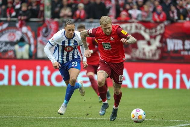 09 12 2023, xusrbx, Soccer 2 Bundesliga, 1 FC Kaiserslautern Hertha BSC Berlin emspor, v l Derry Scherhant Herta BSC, 39 , Tymoteusz Puchacz 1 FC Kaiserslautern, 15 , DFL DFB REGULATIONS PROHIBIT ANY USE OF PHOTOGRAPHS as IMAGE SEQUENCES and or QUASI VIDEO Kaiserslautern