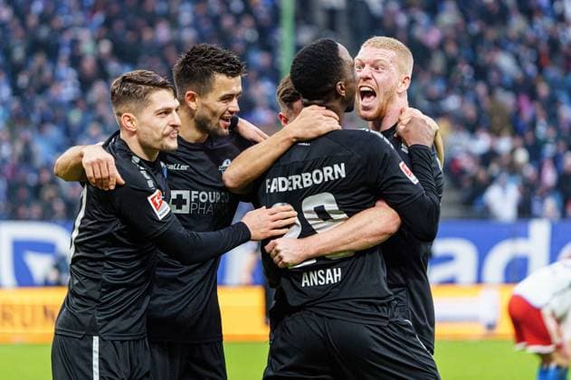 Goal celebration SC Paderborn after scoring the goal to 1 2 Ilyas Ansah SC Paderborn, 29 GER, Hamburger SV vs SC Paderborn 07, Football, 2 Bundesliga, Matchday 16, Season 2023 2024, 09 12 2023 DFL REGULATIONS PROHIBIT ANY USE OF PHOTOGRAPHS AS IMAGE SEQUENCES AND OR QUASI VIDEO GER, Hamburger SV vs SC Paderborn 07, Football, 2 Bundesliga, Matchday 16, Season 2023 2024, 09 12 2023 Hamburg Copyright: xEibner-Pressefoto MarcelxvonxFehrnx EP_MFN