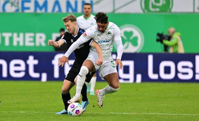 09 12 2023 Soccer Season 2023 2024 2 Soccer Bundesliga 16 Matchday SpVgg Greuther Fürth Kleeblatt 1 FC Magdeburg FCM Sportfoto Zink MeZi xmexzix DFL regulations prohibit any use of photographs as image sequences and or quasi video only for editorial use Connor Krempicki 13, FC Magdeburg, left Armindo Sieb 30, SpVgg Greuther Fürth