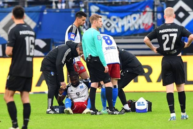 Football I Men I 2 Bundesliga l Hamburger SV SC Paderborn 07 I Matchday 16 I Season 2023 2024 I HSV I 09 12 2023 I Ambrosius Stephan HSV is treated and has to leave the match , f l Dr Schillings Wolfgang Team Doctor HSV , Glatzel Robert HSV , Benes Laszlo HSV , Sportplatz Volksparkstadion, Stellingen Hamburg Germany