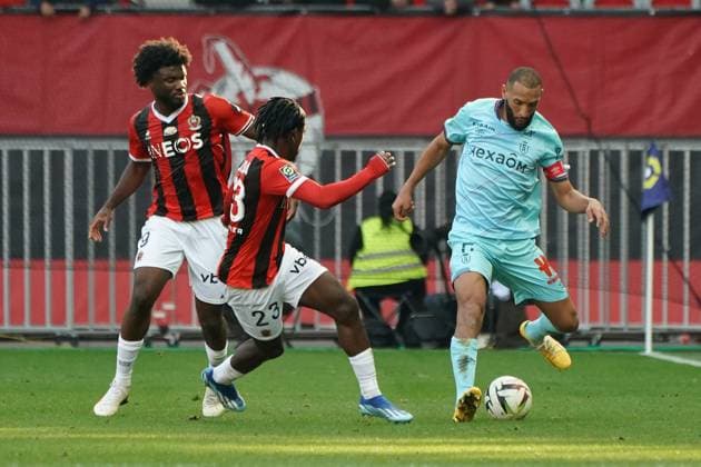 Yunis Abdelhamid (Stade de Reims) - Jordan Lotomba (OGC Nice) - Terem Moffi (OGC Nice) FOOTBALL : OGC Nice vs Stade de Reims - Ligue 1 Uber Eats - Nice - 10 12 2023 NorbertScanella Panoramic 